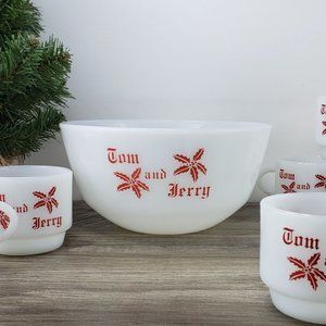 Vintage Tom And Jerry Fire King Anchor Hocking Milk Glass Punch Bowl Egg Nog Set